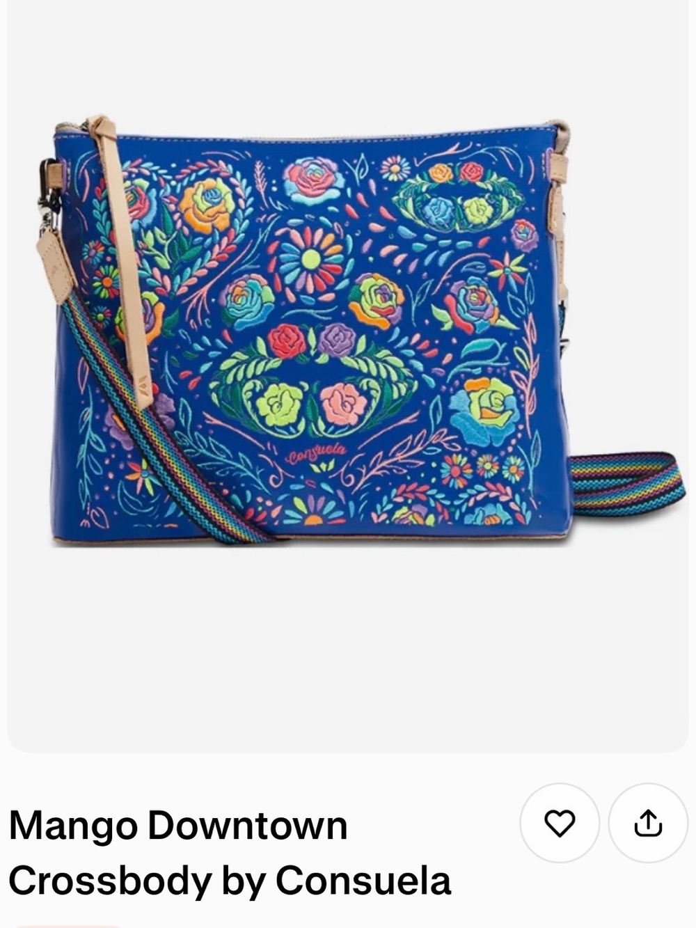Consuela Blue Floral Embroidered Crossbody with Rainbow Strap